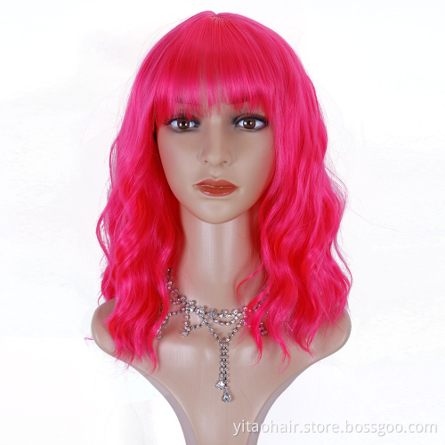 Wholesale price High Temperature Fiber Short Natural Wave Hot pink  Water Wave Synthetic Wig For Women With Flat Bangs
